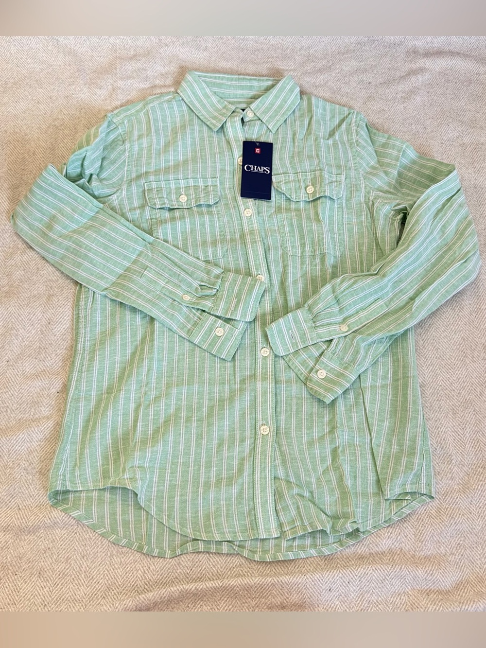 NWT Chaps Women Striped Button Up Shirt SMALL - Green/White 55% Linen 45% Cotton